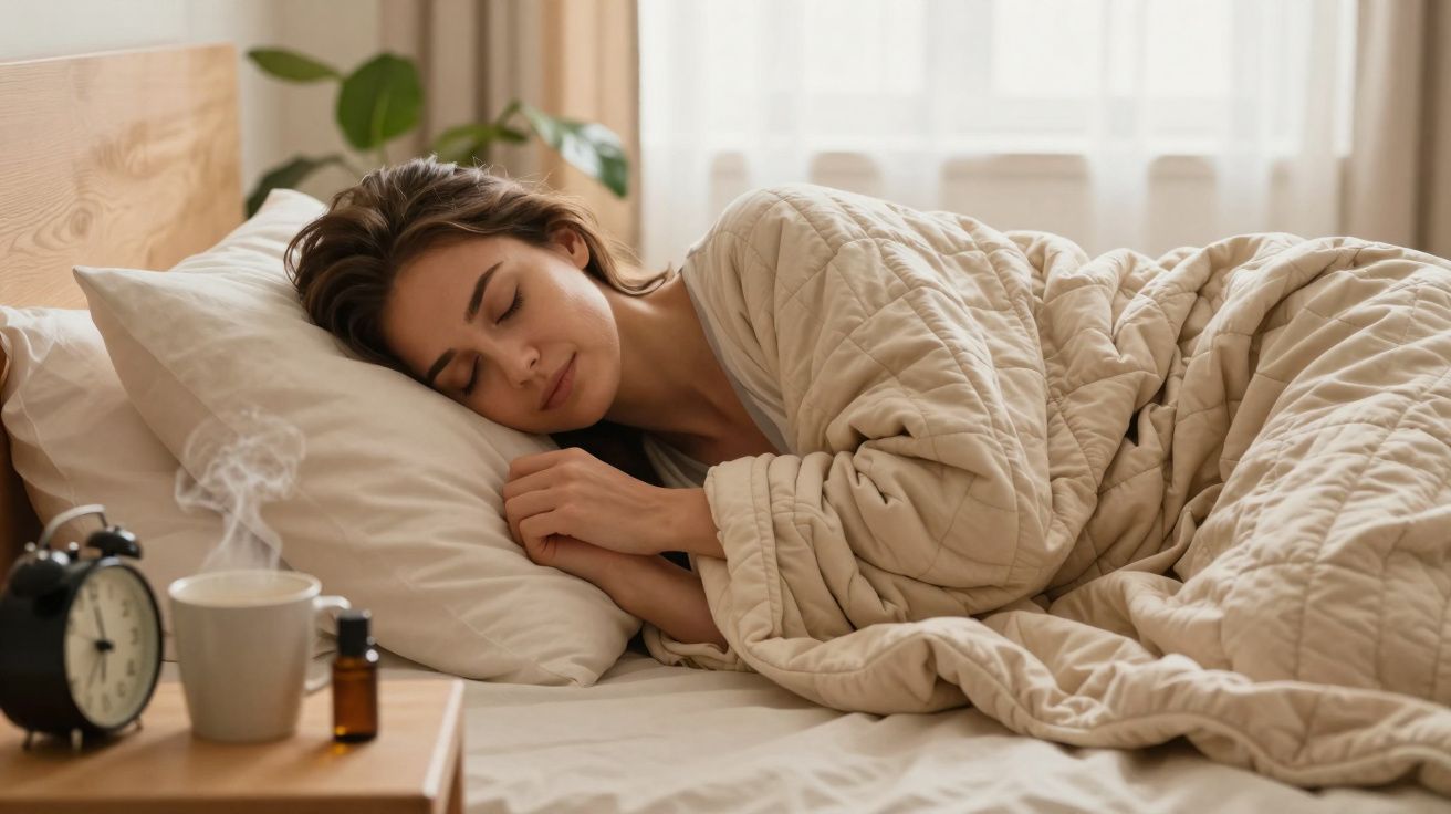 Mujer durmiendo plácidamente bajo una manta beige en una cama, con una taza humeante y un despertador al lado.