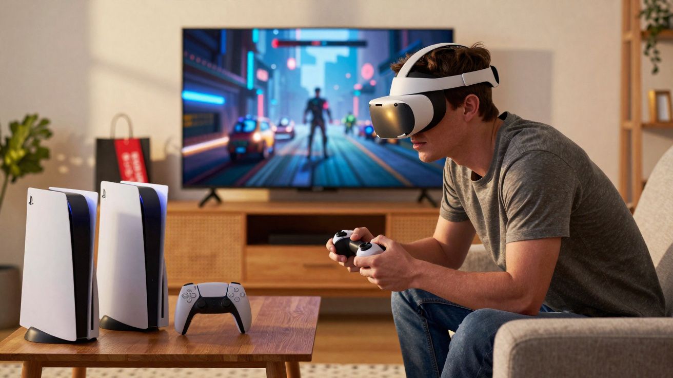 Hombre jugando videojuego con gafas de realidad virtual y mando, con dos consolas PS5 y televisor.