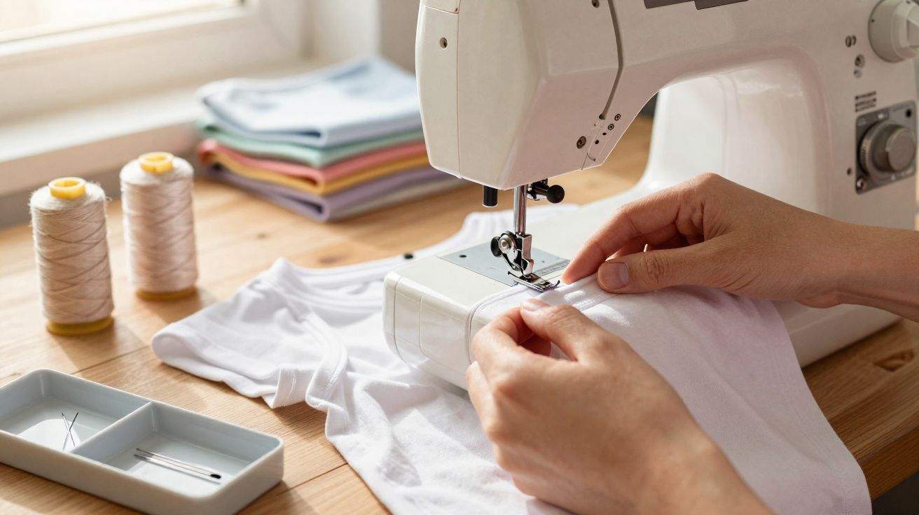 Manos cosiendo una camiseta blanca en una máquina de coser con hilos y telas de colores al fondo.