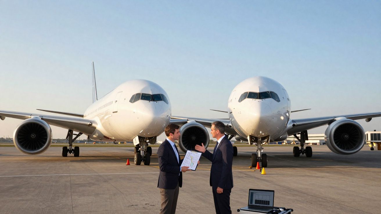 Dos hombres hablan frente a dos aviones comerciales estacionados en la pista de un aeropuerto al atardecer.