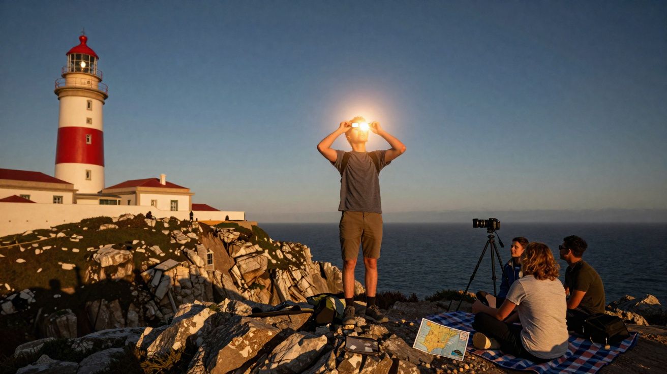 Persona con linterna frente a un faro en acantilado al atardecer, mientras tres personas observan sentadas en una manta.