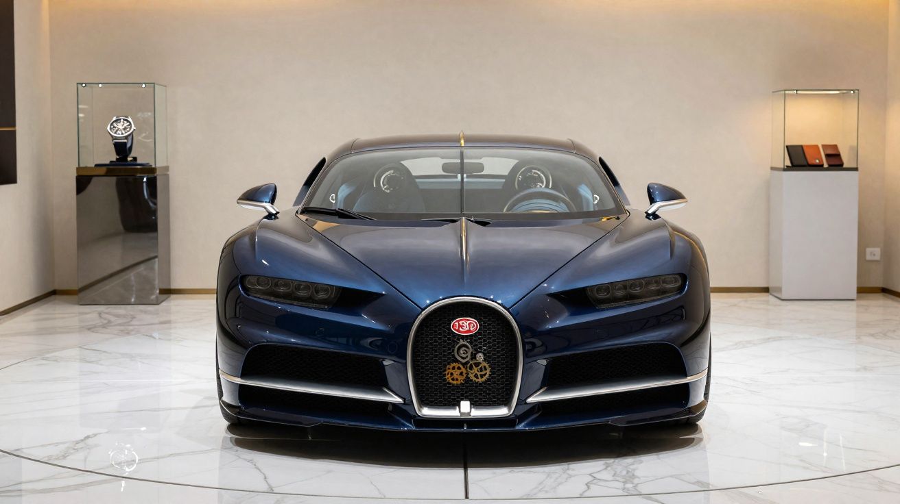 Coche deportivo Bugatti azul oscuro visto de frente en un showroom con suelo de mármol blanco.