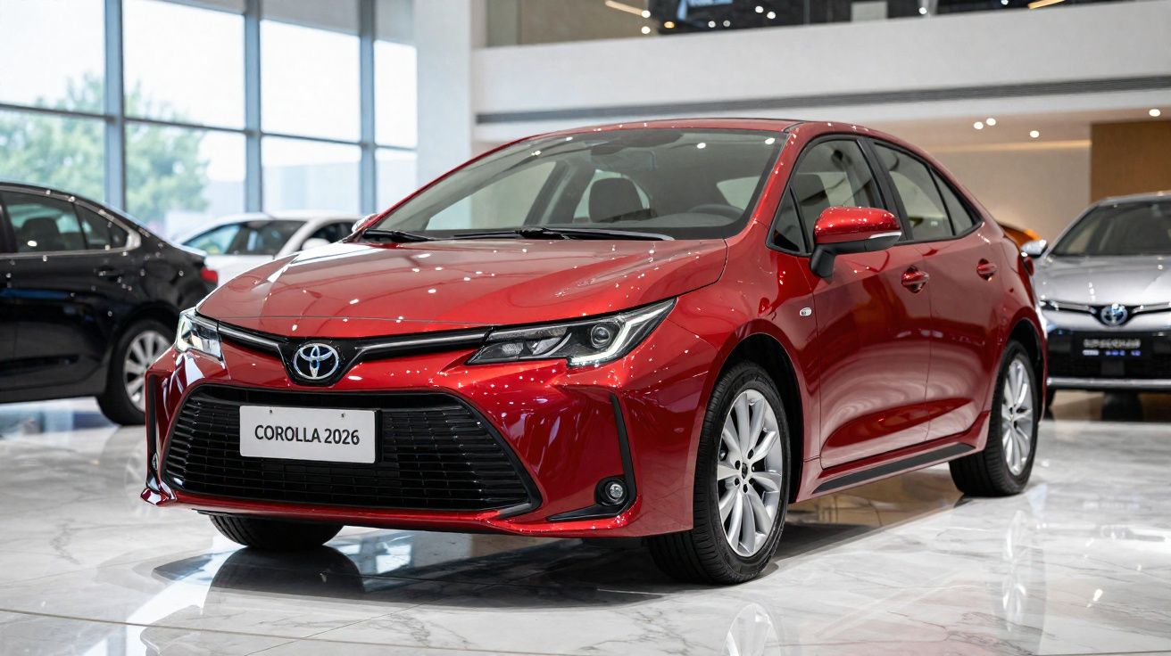 Coche rojo Toyota Corolla 2026 estacionado en exposición de automóviles con luces reflejadas.