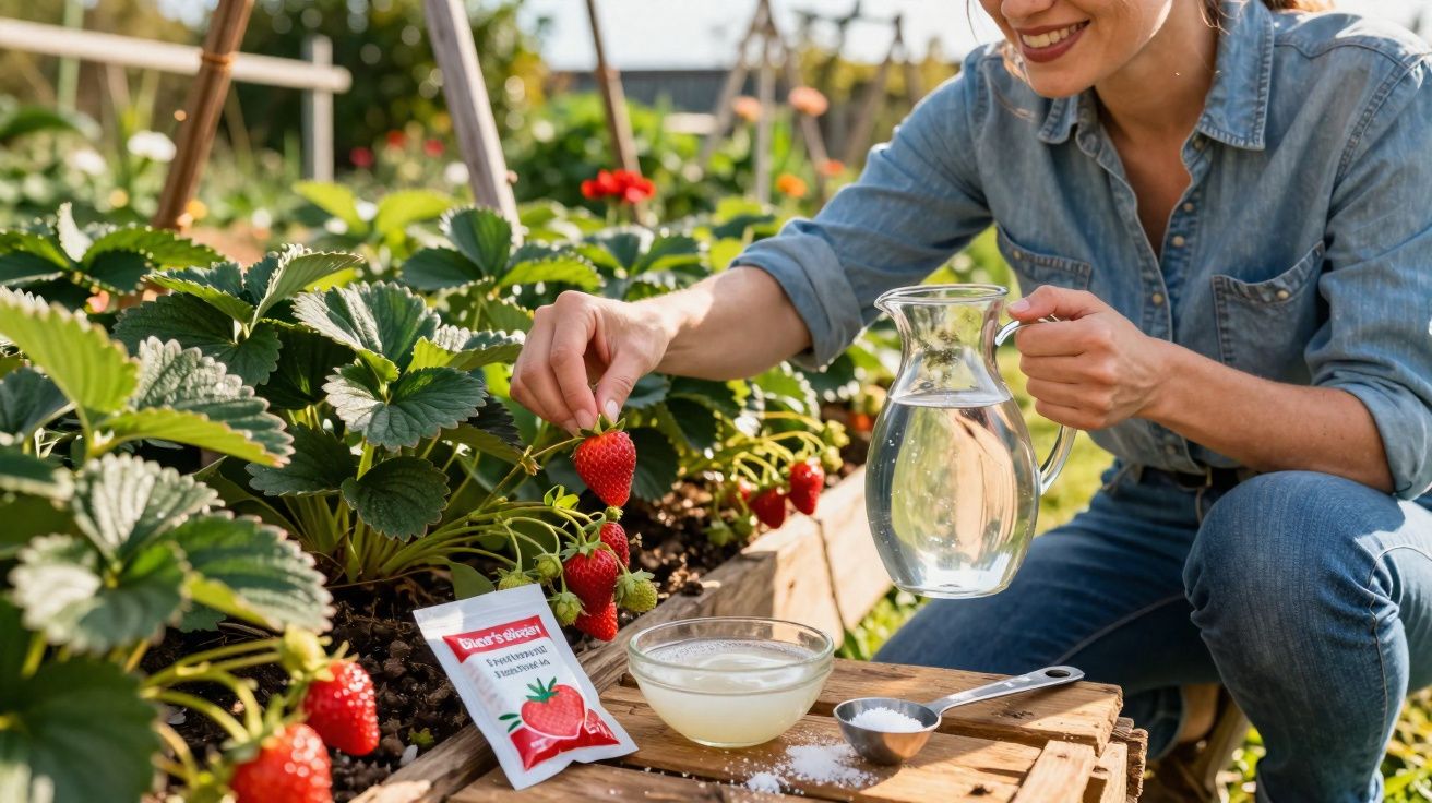 Mujer recogiendo fresas en huerto urbano con jarra de agua y fertilizante natural a su lado.