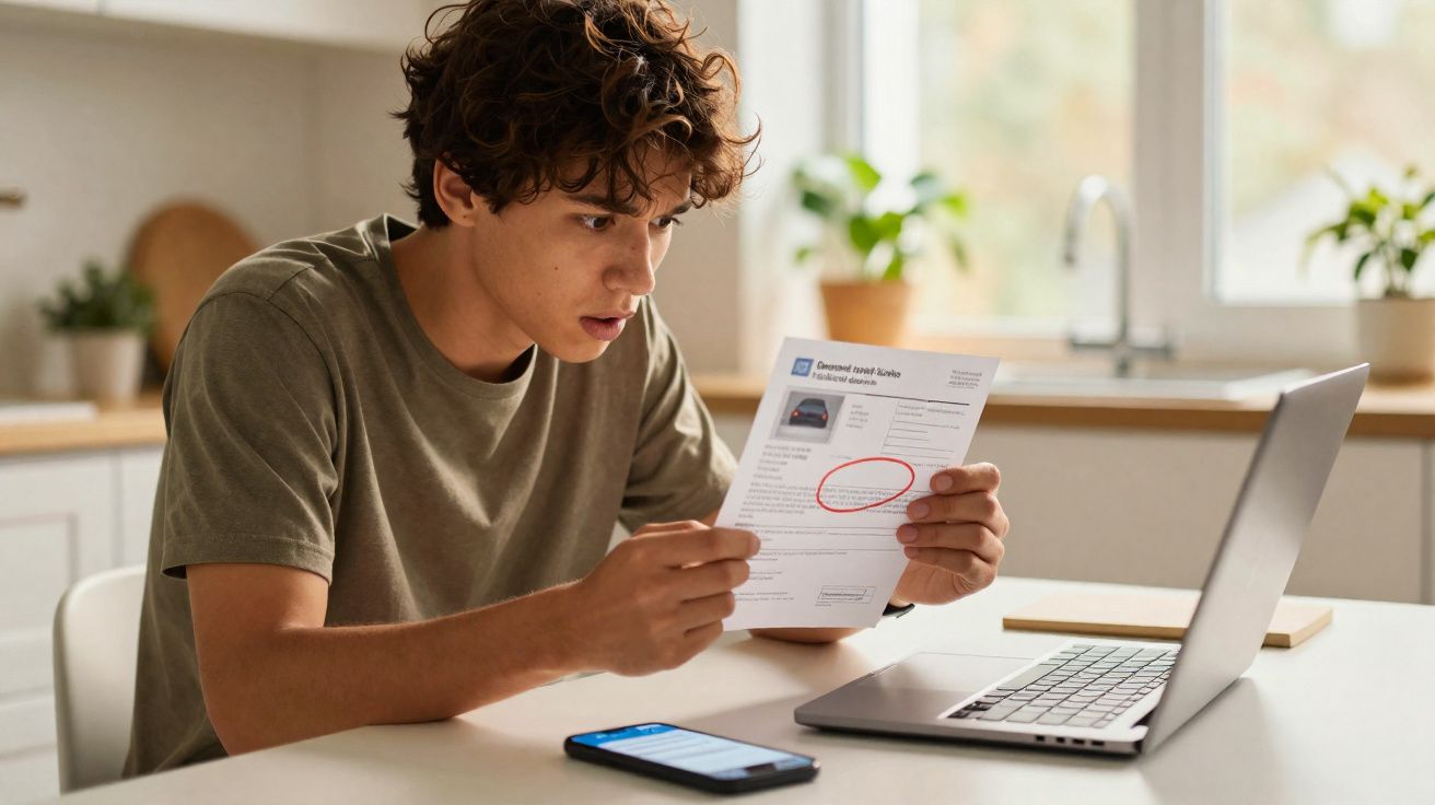 Joven revisando un documento con expresión preocupada frente a un ordenador portátil en una cocina.