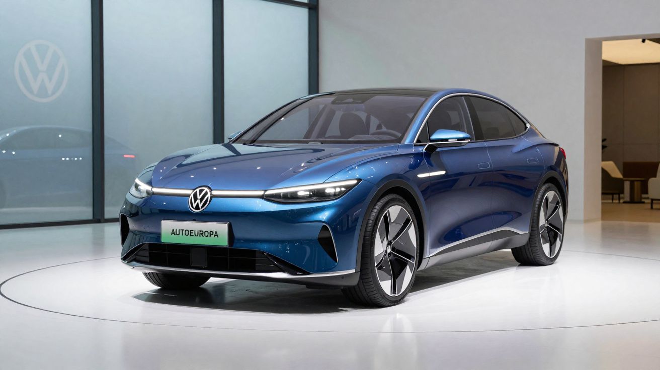 Coche eléctrico azul Volkswagen ID. Aero presentado en un salón moderno con logo Volkswagen en el fondo.