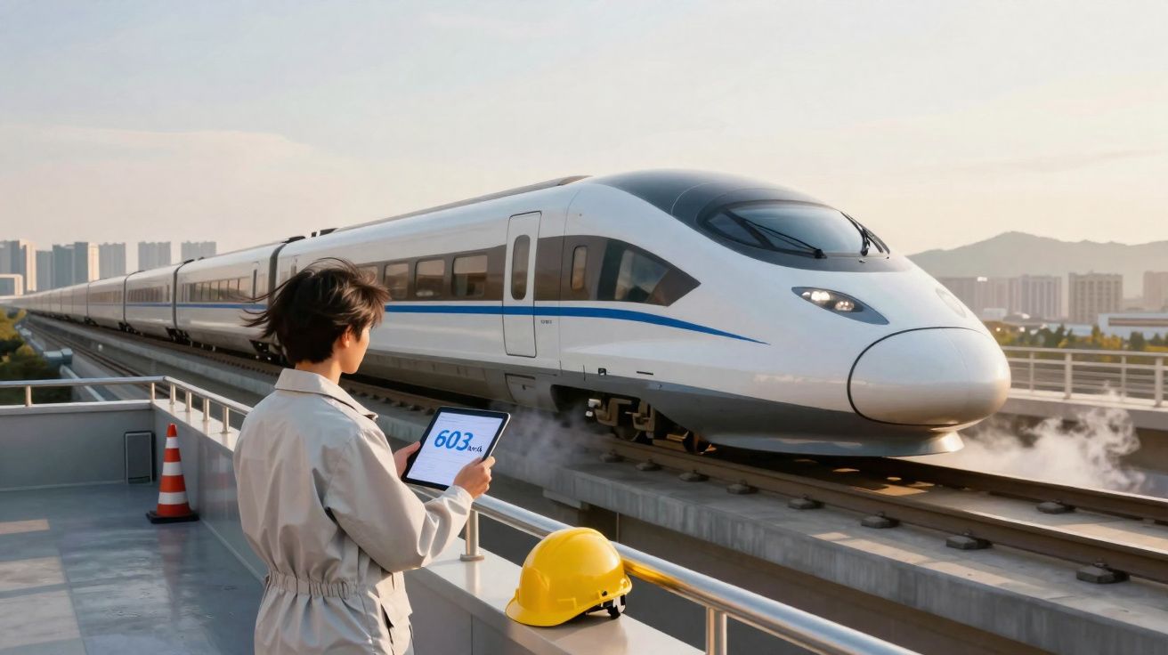 Persona controla velocidad de 603 km/h de tren bala moderno en vía elevada con ciudad al fondo.