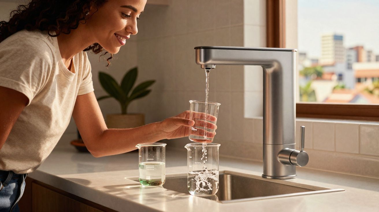 Mujer sonriente llenando un vaso con agua del grifo en una cocina moderna luminosa.