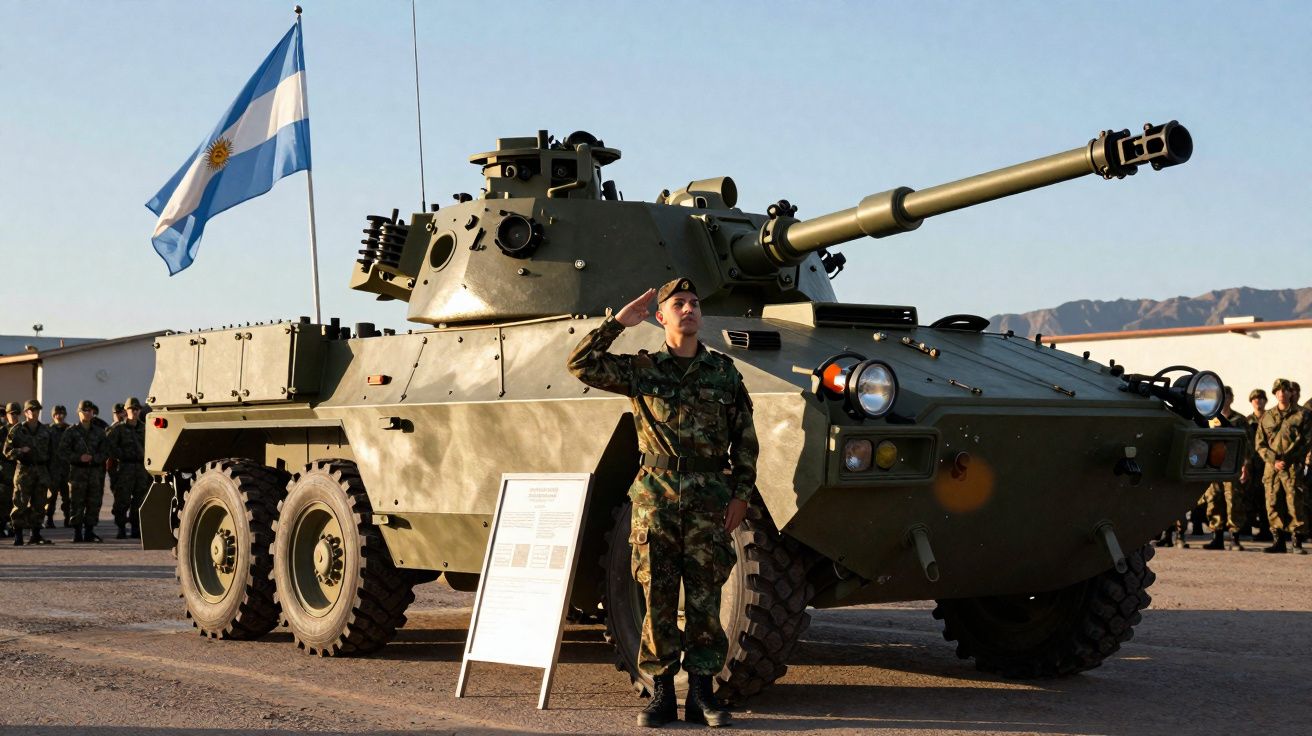 Soldado argentino saludando junto a un vehículo militar blindado con bandera argentina ondeando.