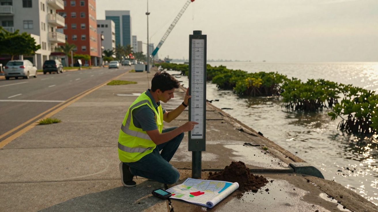 Hombre con chaleco reflectante midiendo nivel de agua junto a un muelle urbano con mapas y dispositivo móvil.
