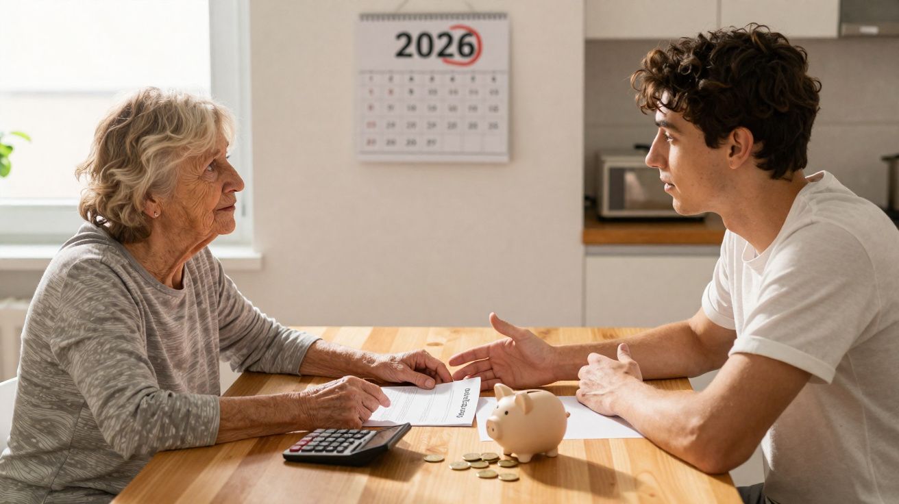Anciana y joven conversan en mesa con calculadora, cerdito y monedas, calendario 2026 en pared.