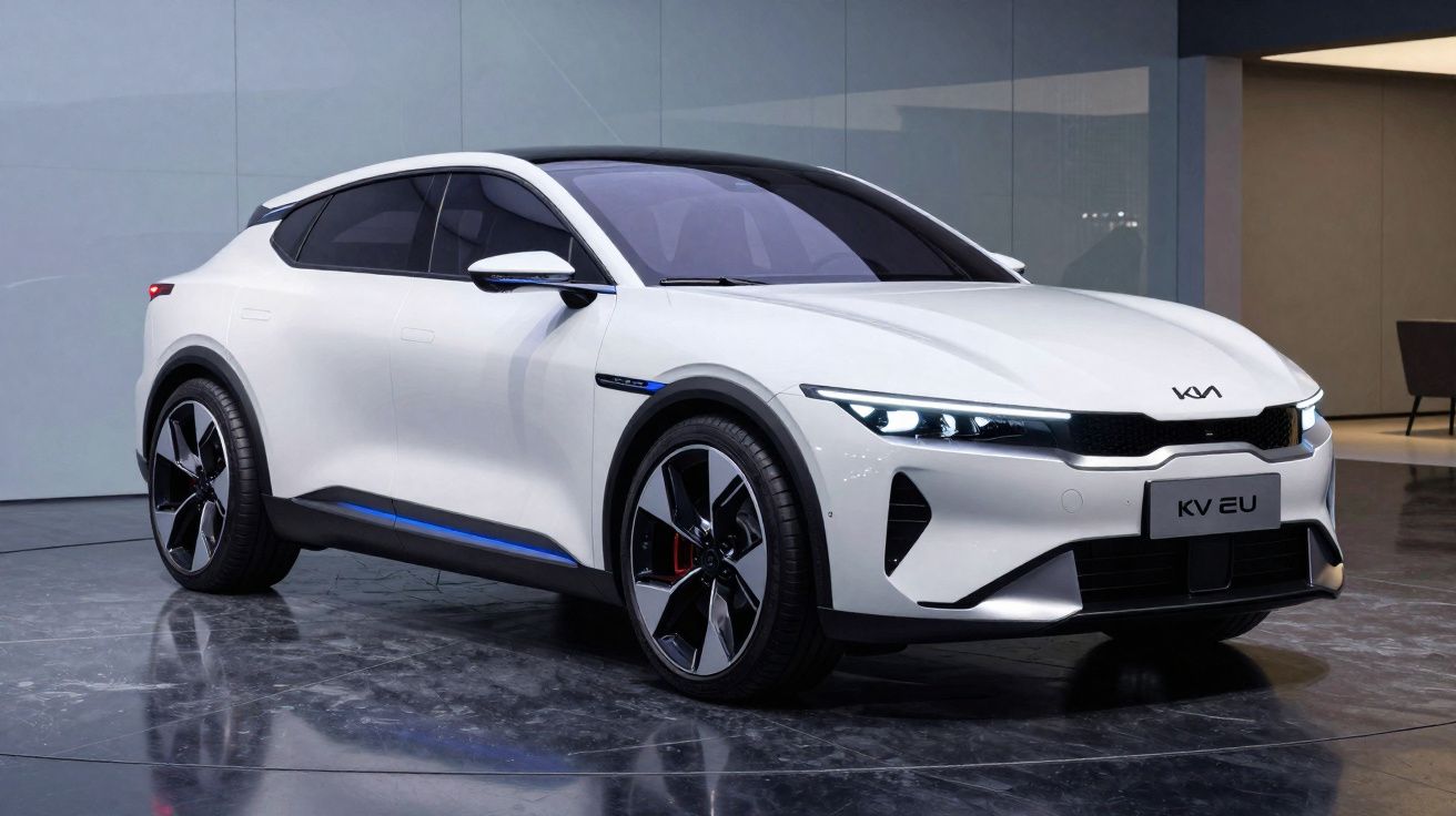 Coche eléctrico blanco Kia modelo KV EU estacionado en interior con diseño moderno y deportivo.