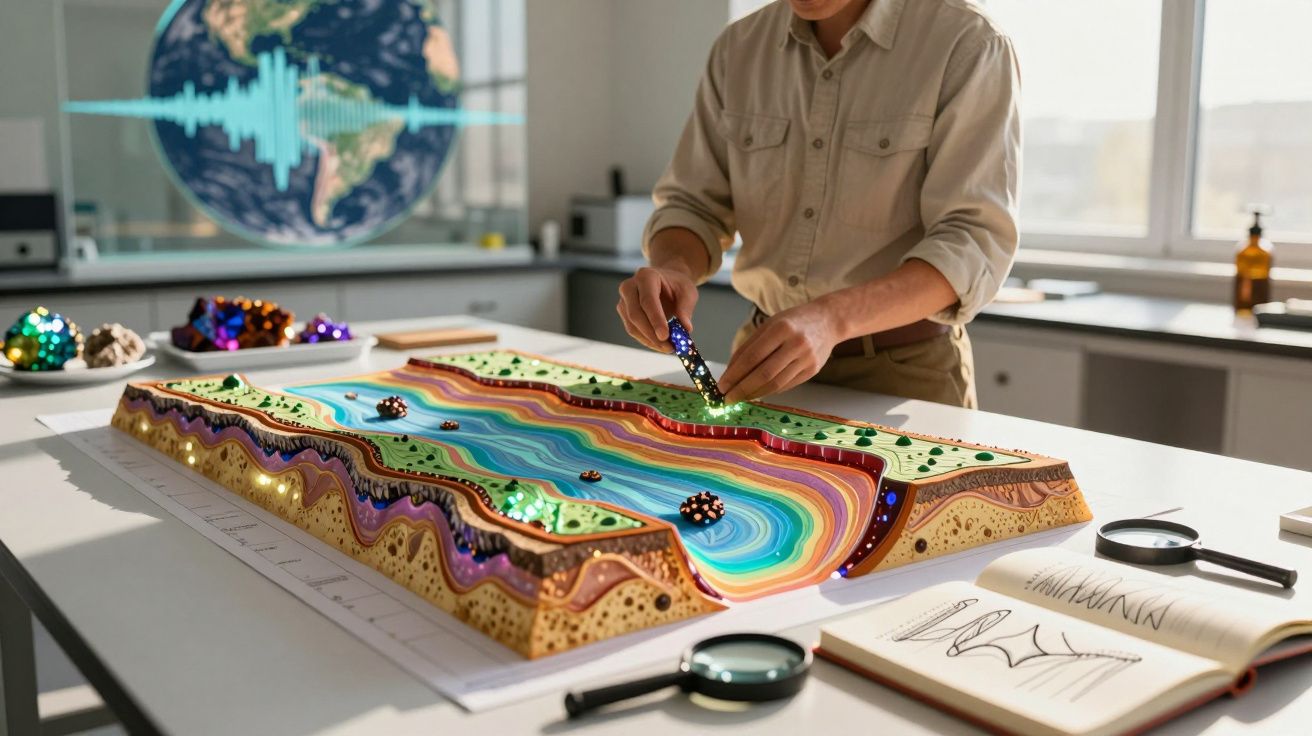 Persona trabajando en un modelo geológico colorido con herramientas y libro de referencia en una mesa de estudio.