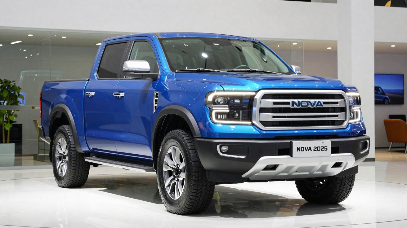 Pick-up azul metalizada Nova 2025 exhibida en un salón moderno y bien iluminado.