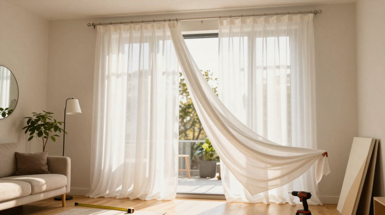 Sala luminosa con cortinas blancas semitransparentes, sofá beige, planta y herramientas en el suelo.