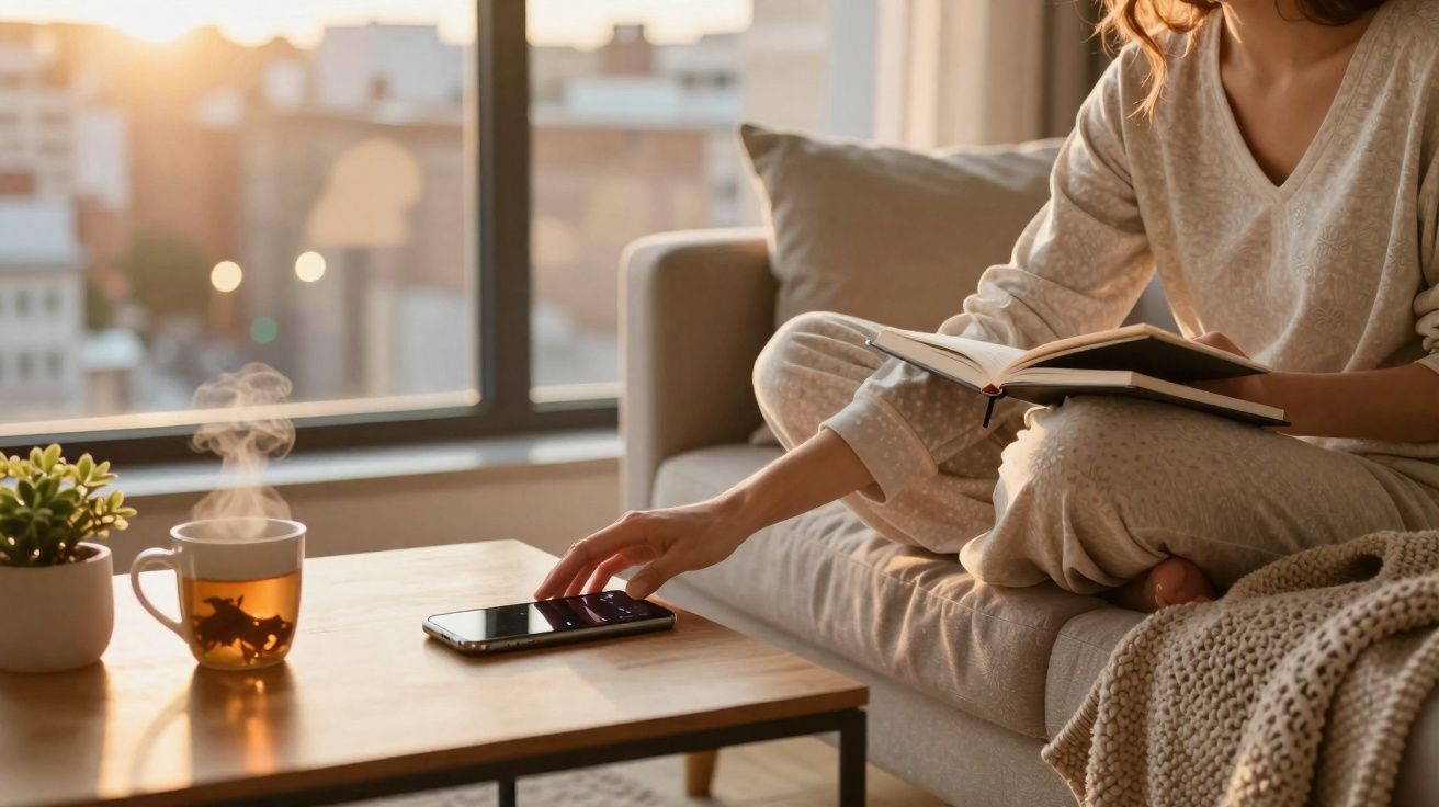 Mujer con ropa cómoda leyendo un libro y usando móvil junto a una taza de té humeante en salón iluminado.