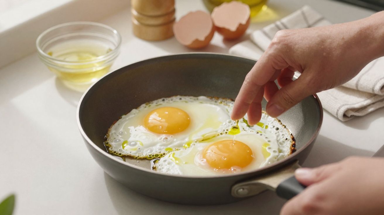 Manos echando aceite sobre dos huevos fritos en una sartén negra sobre encimera blanca.