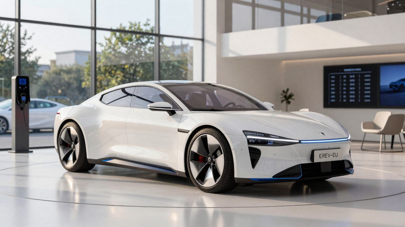 Coche eléctrico blanco deportivo expuesto en un showroom moderno con grandes ventanales y estación de carga.