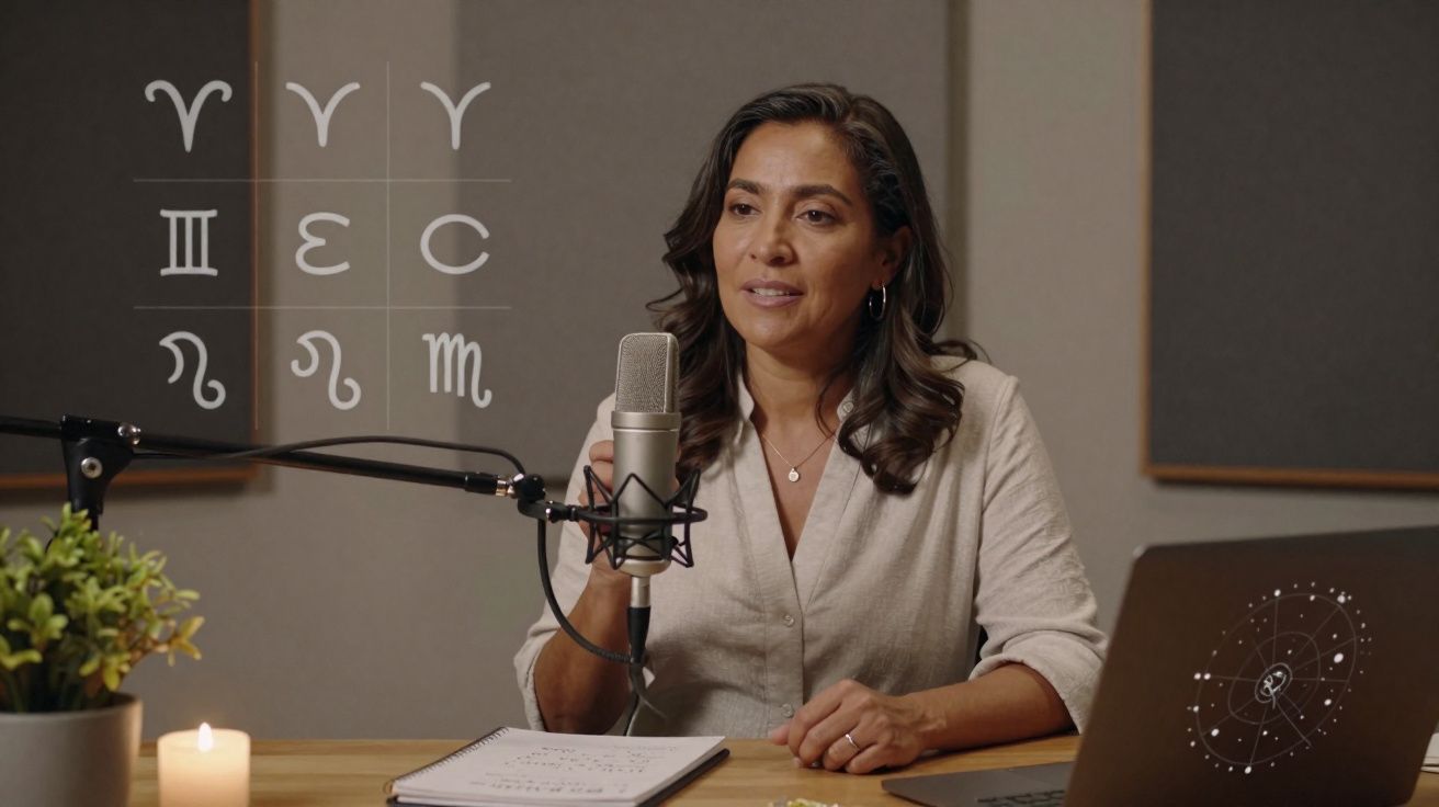 Mujer hablando en un podcast sobre astrología, con símbolos zodiacales y laptop sobre la mesa.