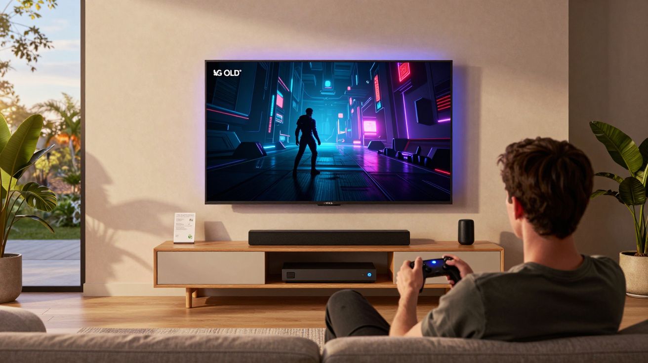 Hombre sentado en un sofá jugando a videojuegos en una televisión montada en la pared.