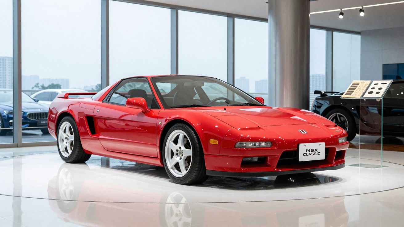 Coche deportivo rojo Honda NSX Classic expuesto en un salón con ventanas amplias y iluminación moderna.
