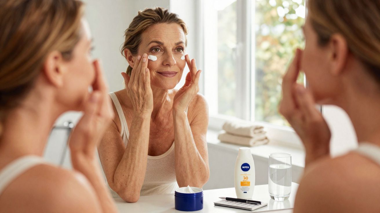 Mujer madura aplicándose crema hidratante facial frente al espejo en baño luminoso con productos de cuidado.
