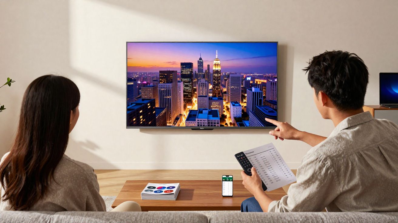 Pareja sentada en un sofá viendo una ciudad iluminada al atardecer en una televisión de pantalla grande.