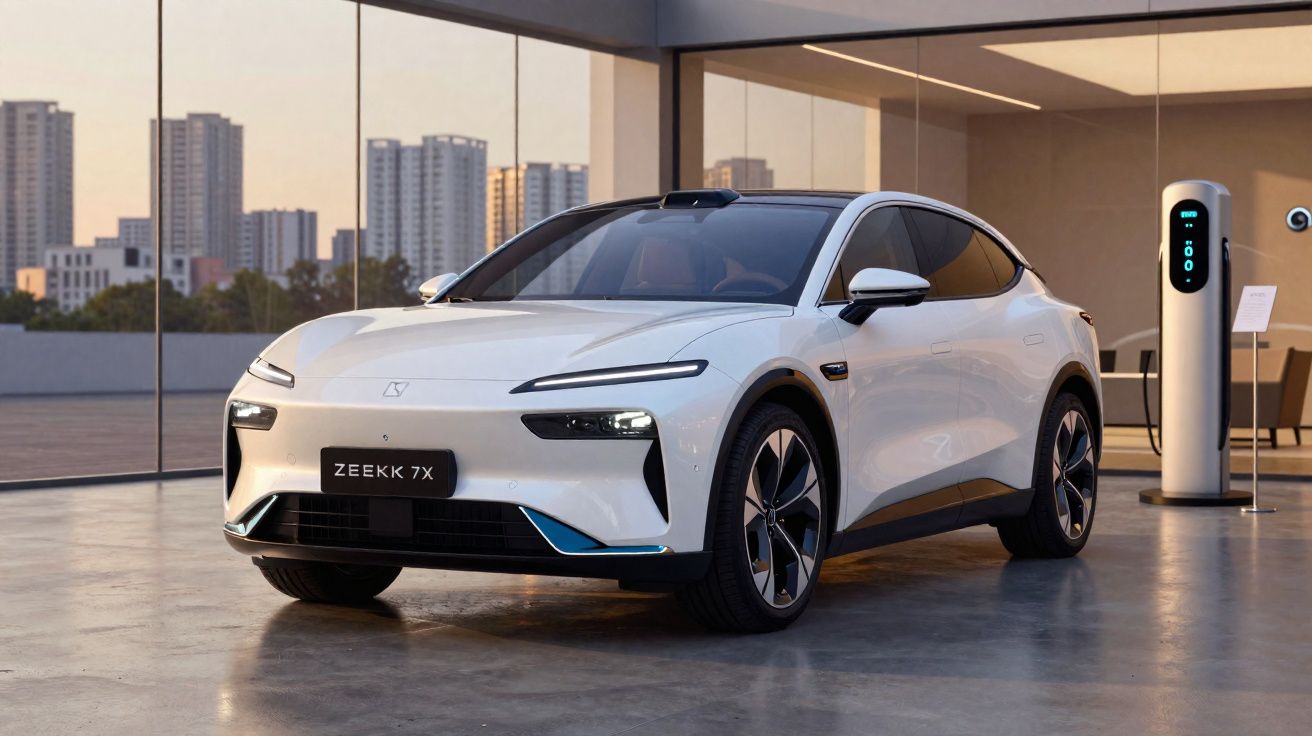 Coche eléctrico blanco Zeekr 7X aparcado en garaje moderno junto a estación de carga.