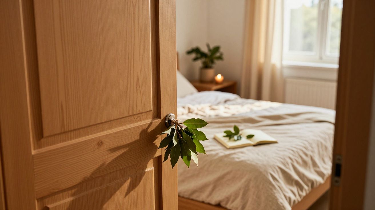 Puerta de madera entreabierta decorada con hoja verde, cama con sábanas claras y ventana iluminada al fondo.