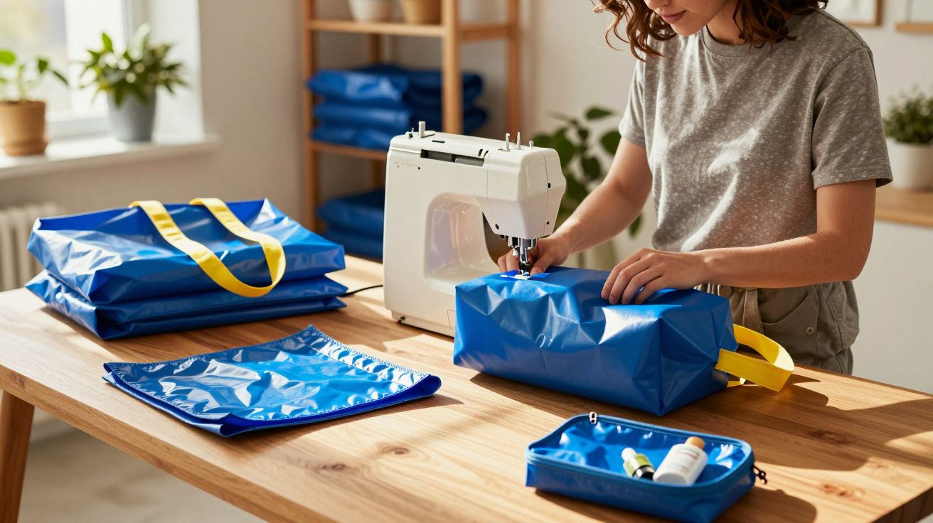 Persona cosiendo bolsas impermeables azules con máquina de coser en mesa de madera.