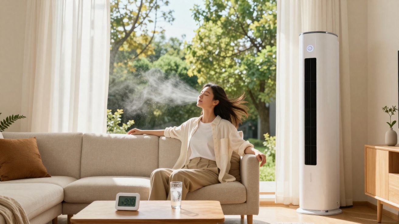 Mujer relajada sentada en un sofá junto a un humidificador de aire en un salón luminoso con vistas al jardín.