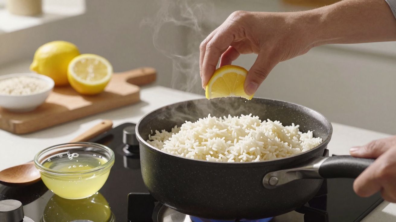 Mano exprimiendo limón sobre arroz recién cocido en una olla con vapor en la cocina.