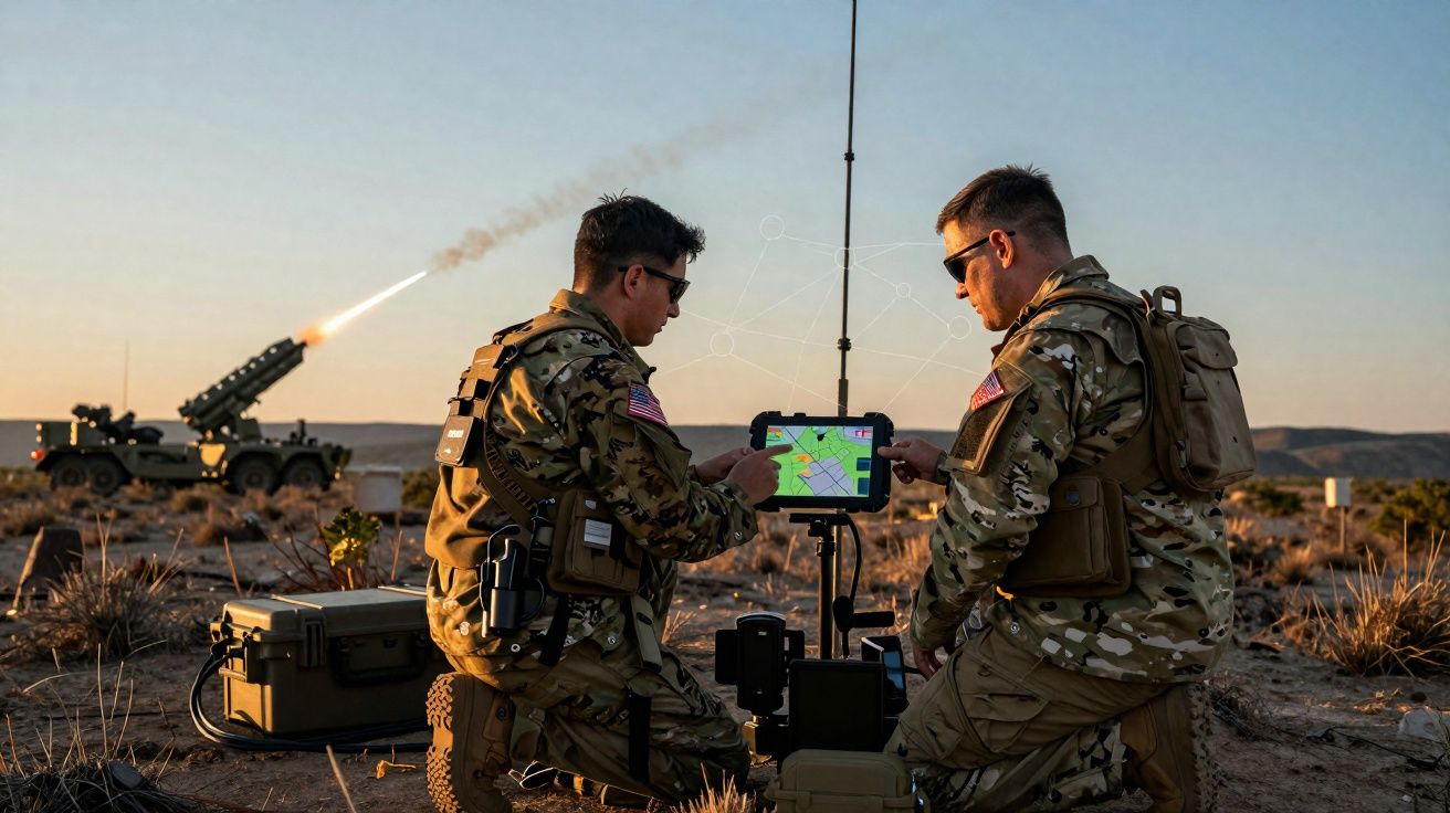 Dos soldados militares usando uniforme camuflado analizan un mapa digital al aire libre mientras se lanza un misil.