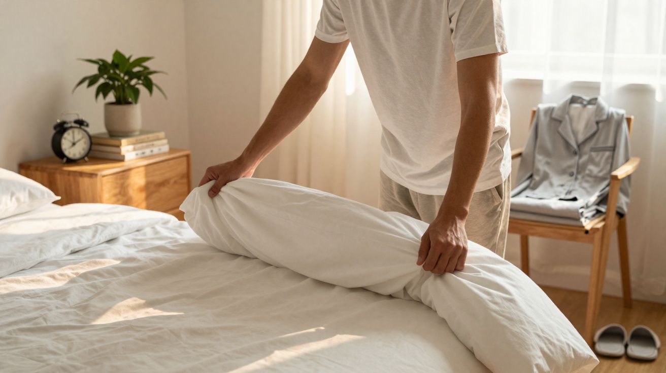 Persona haciendo la cama en un dormitorio iluminado, con pijama colgado en una silla y plantas en mesilla.