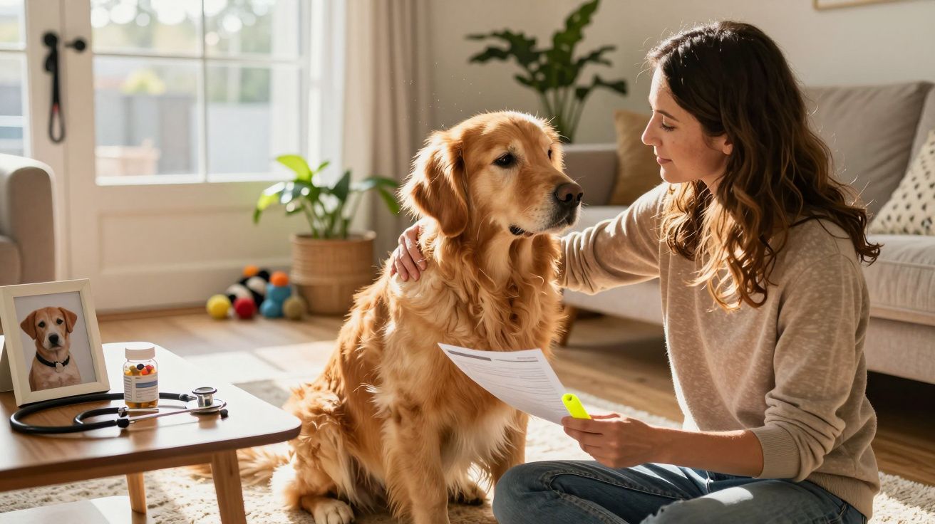 Mujer revisa documentos junto a un perro golden retriever en una sala luminosa con plantas y juguetes.