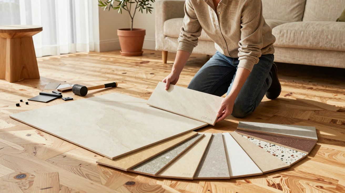 Persona arrodillada en suelo de madera eligiendo entre varias muestras de azulejos y suelos cerámicos.