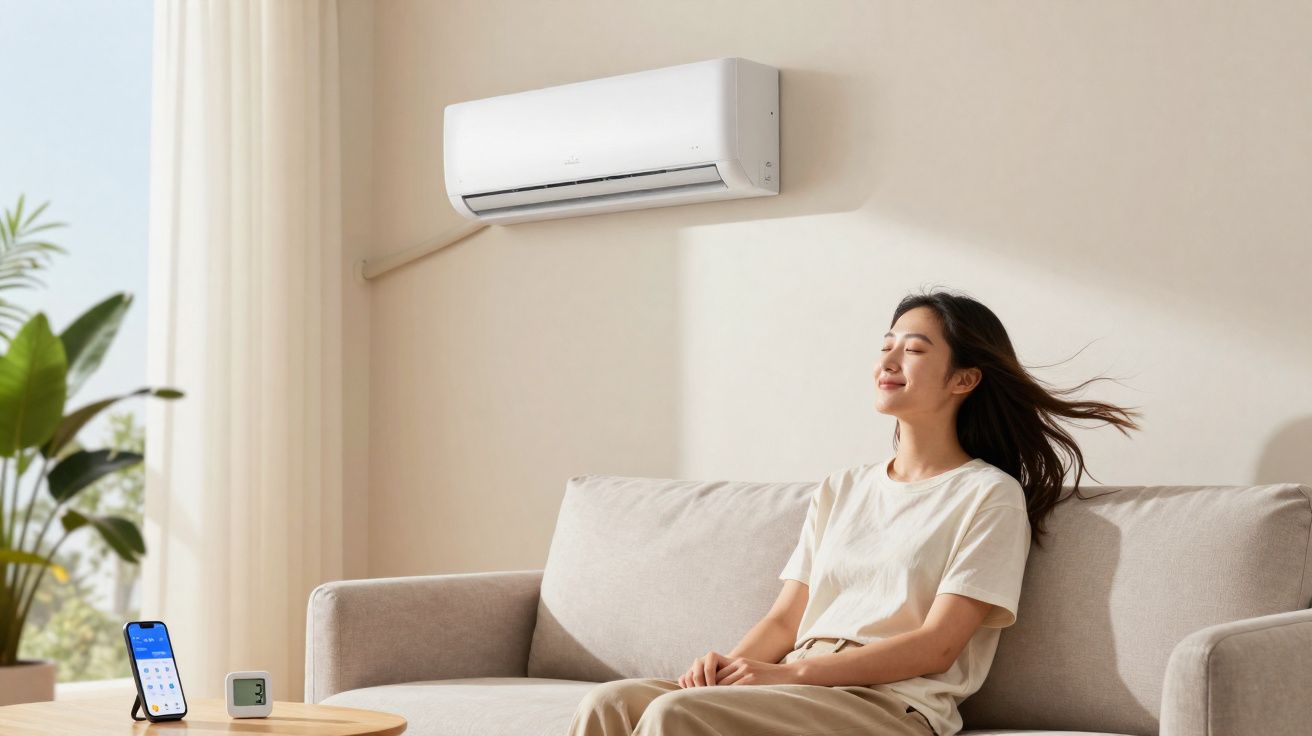 Mujer relajada sentada en sofá con aire acondicionado encendido y temperatura de 23 grados en dispositivo móvil.