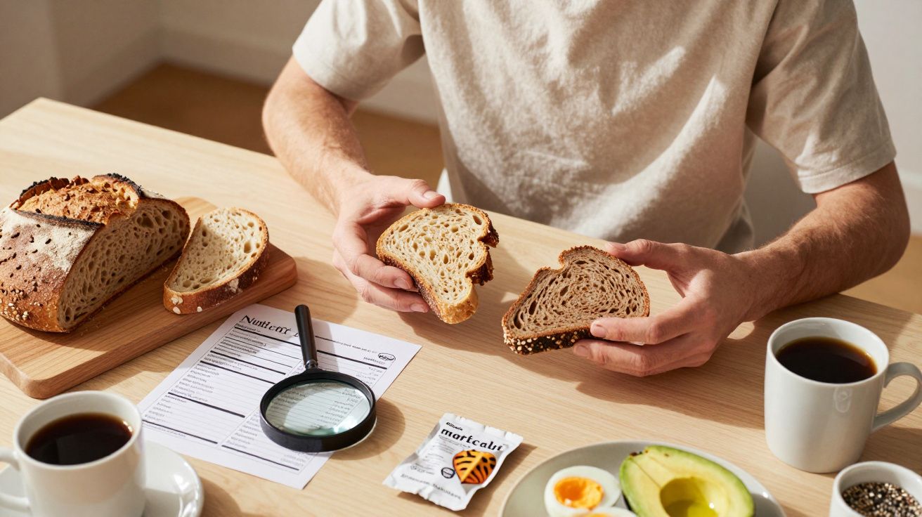 Persona comparando dos tipos de pan en una mesa con café, aguacate, huevo y lista de alimentos.