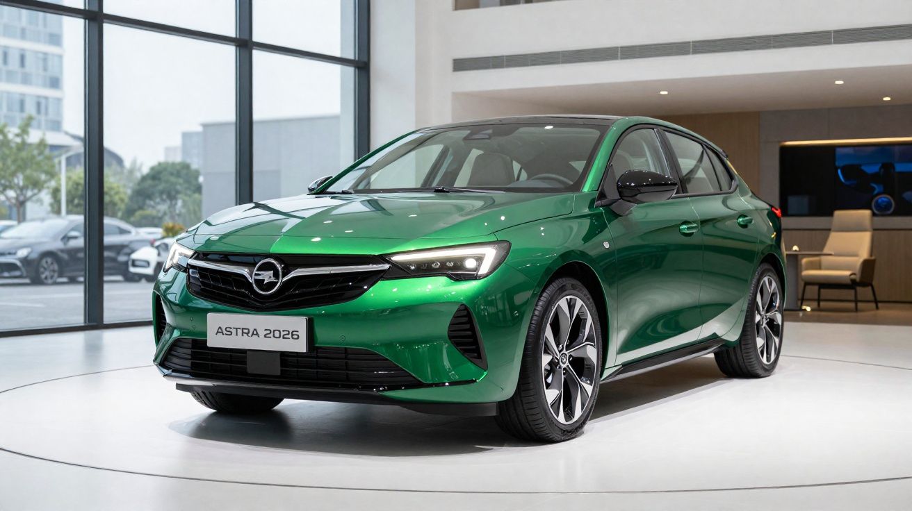 Coche verde Opel Astra 2026 expuesto en sala moderna con ventanales grandes y luz natural.