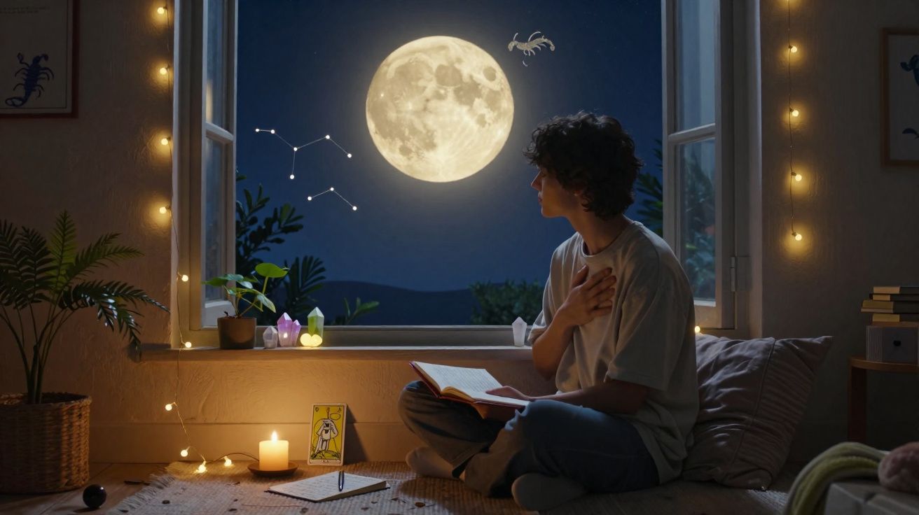 Persona leyendo cerca de ventana abierta con luna llena, constelación de escorpio y decoración de luces cálidas.