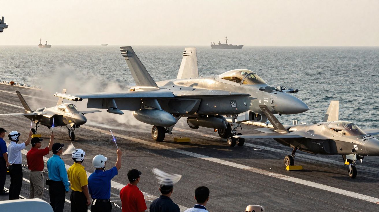 Portaaviones con varios cazas militares y personal señalando durante maniobras en el mar al atardecer.