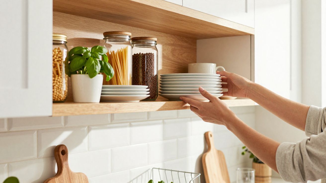 Manos colocando platos y taza en estantería de cocina con tarros de alimentos y planta de albahaca.