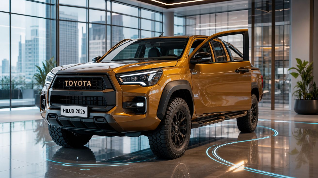 Pick-up Toyota Hilux 2026 naranja con puerta trasera abierta en un showroom moderno y luminoso.