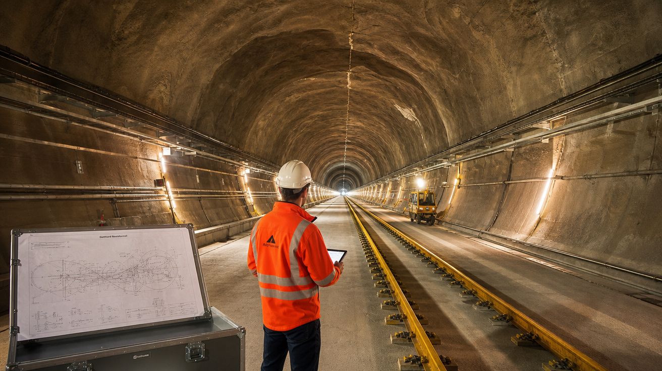 Ingeniero con chaleco y casco inspecciona vías de tren en un túnel iluminado en construcción.