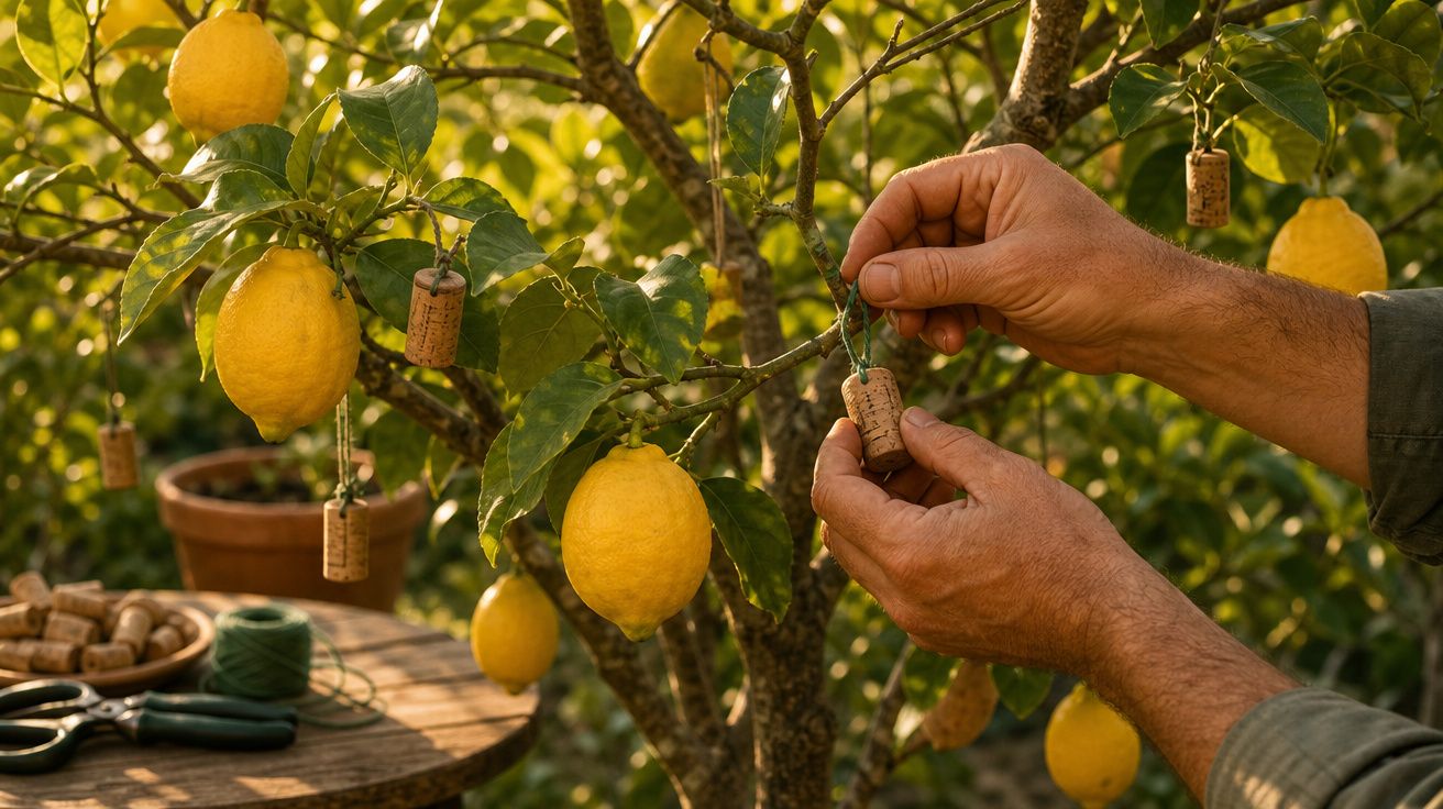 Manos colgando tapones de corcho en las ramas de un limonero con limones maduros.