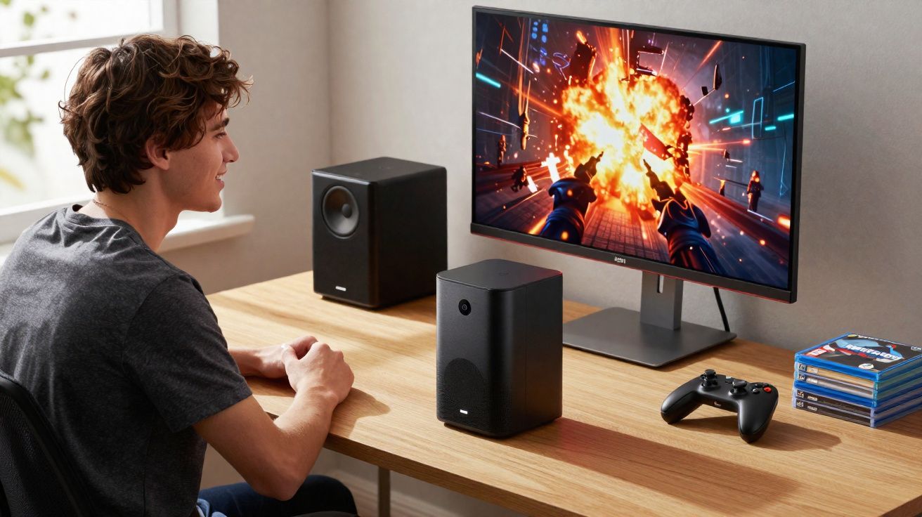 Joven juega a un videojuego de acción en un ordenador con altavoces y mando inalámbrico sobre la mesa.