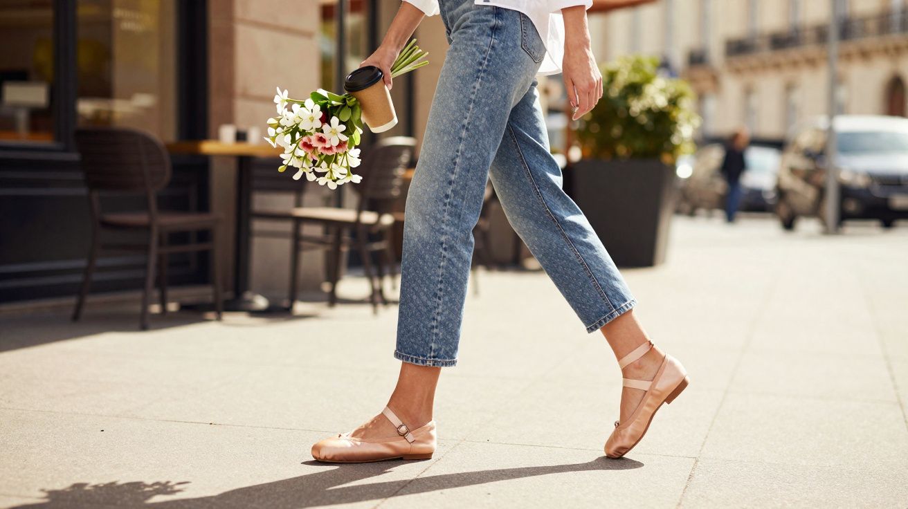 Persona caminando con pantalones vaqueros, bailarinas rosas, ramo de flores y vaso para llevar en la mano en la calle.