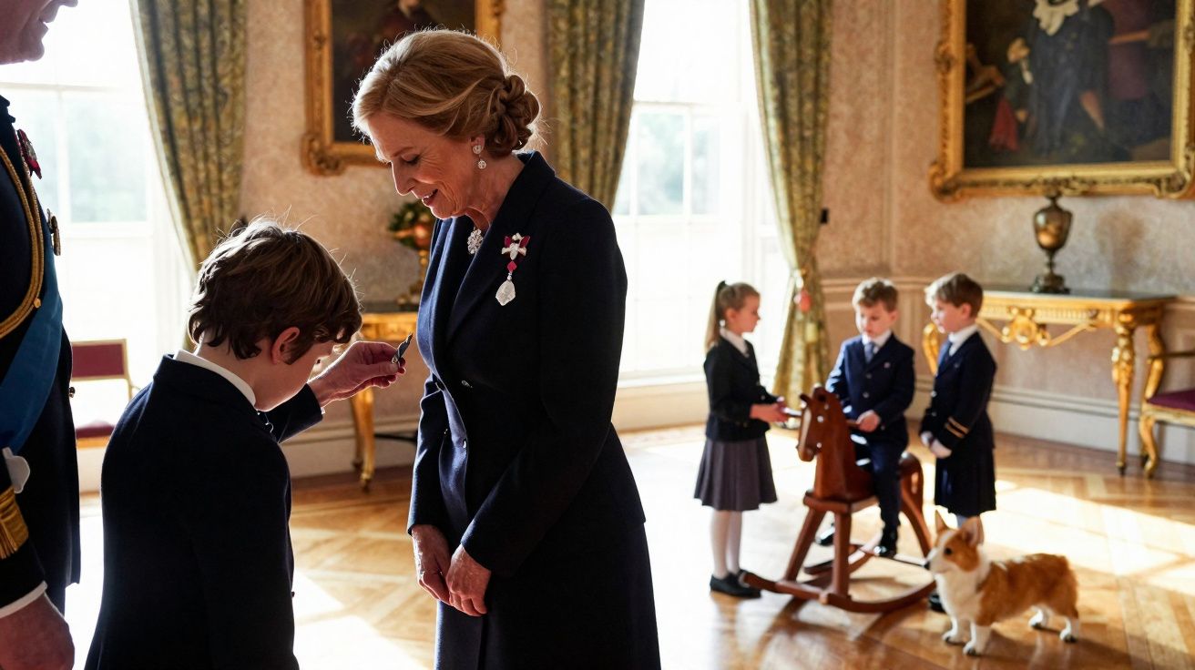 Mujer recibiendo medalla de niño, otros niños juegan y un perro en salón elegante con luz natural.