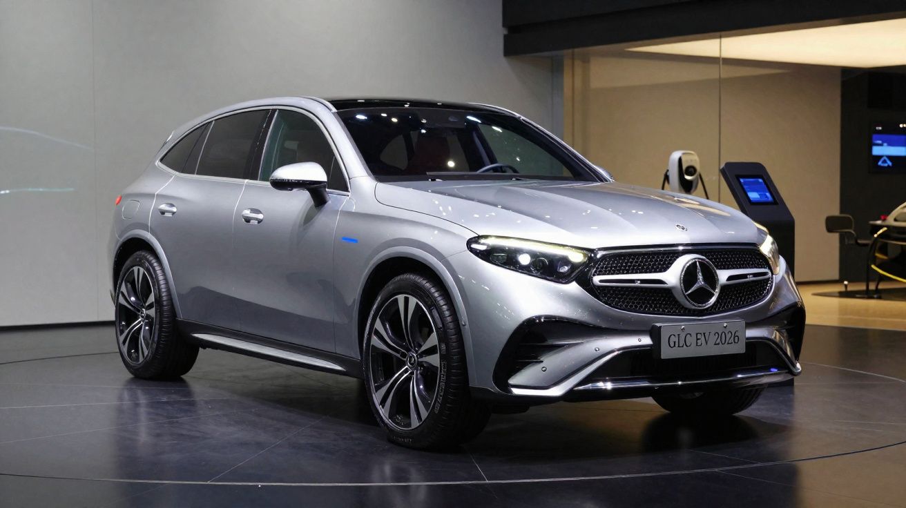 Coche eléctrico Mercedes-Benz GLC EV plateado exhibido en un showroom moderno.