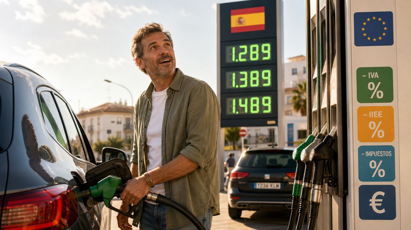 Hombre llenando el tanque de su coche en una gasolinera con precios de combustible en euros y banderas de España y Europa.